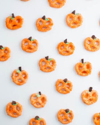 chocolate covered pretzel pumpkins on table