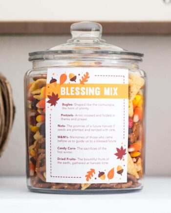 thanksgiving blessing mix in a glass container with a label