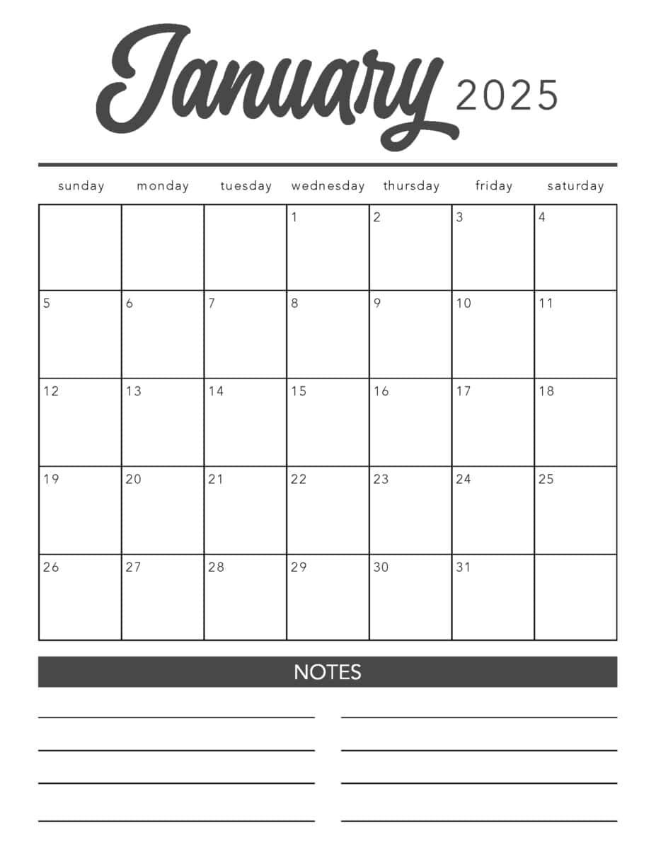 I Heart Naptime printable calendar January 2025 in black and white.