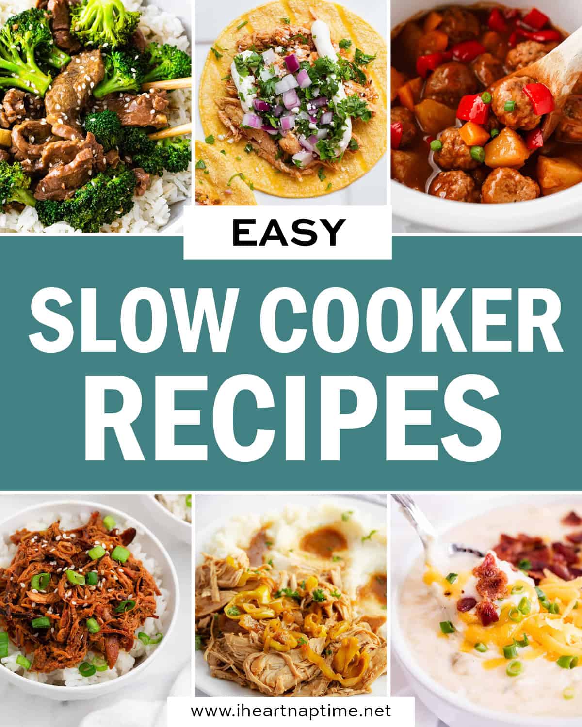 A collage of photos with slow cooker recipes. 