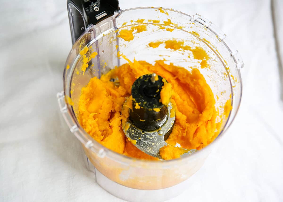 Pumpkin puree ina food processor.