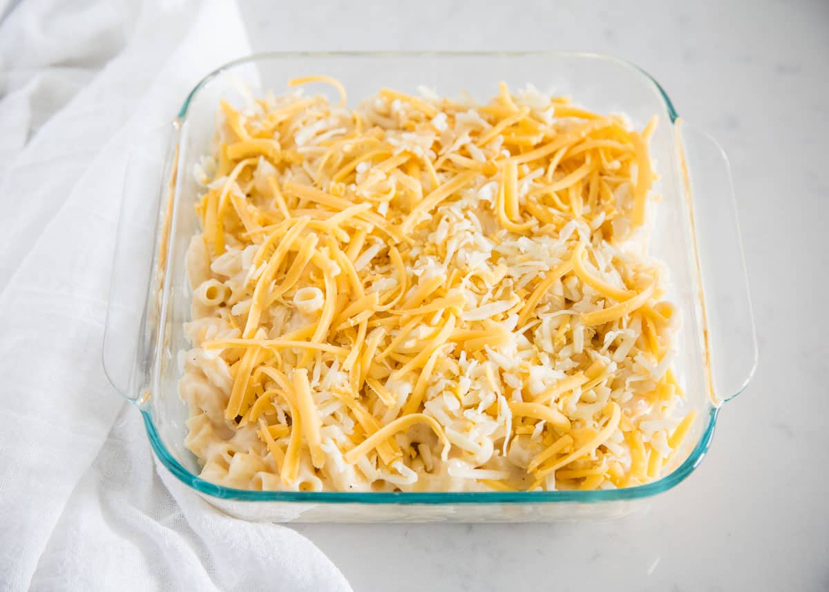 Mac and cheese ready to go into the oven and bake.