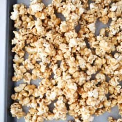 caramel corn on baking sheet