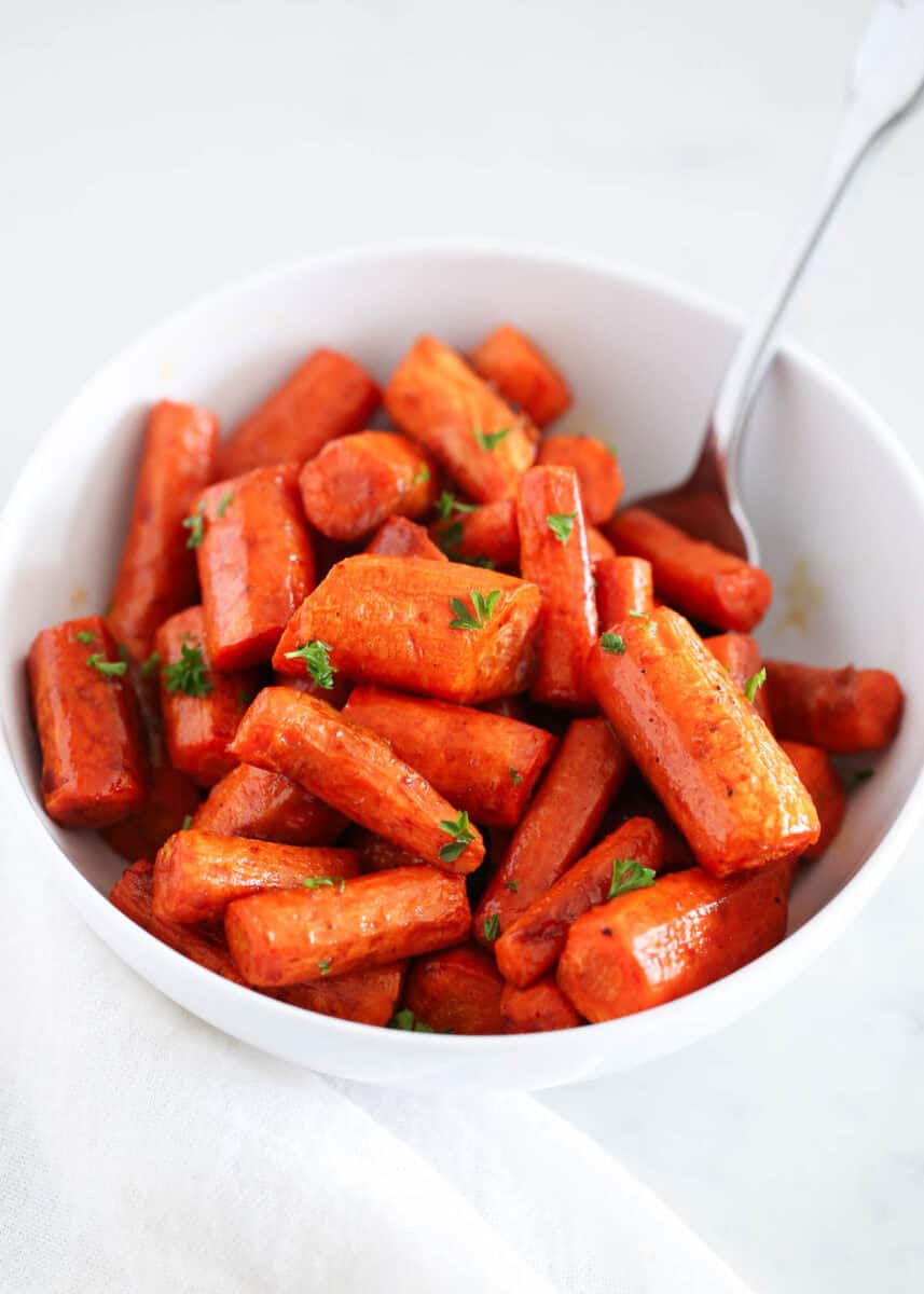 Balsamic roasted carrots in a bowl.