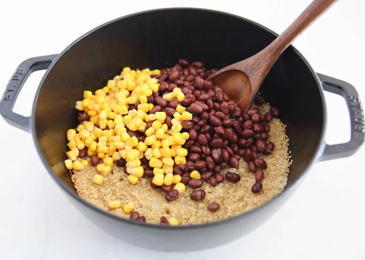 cooking quinoa, black beans and corn