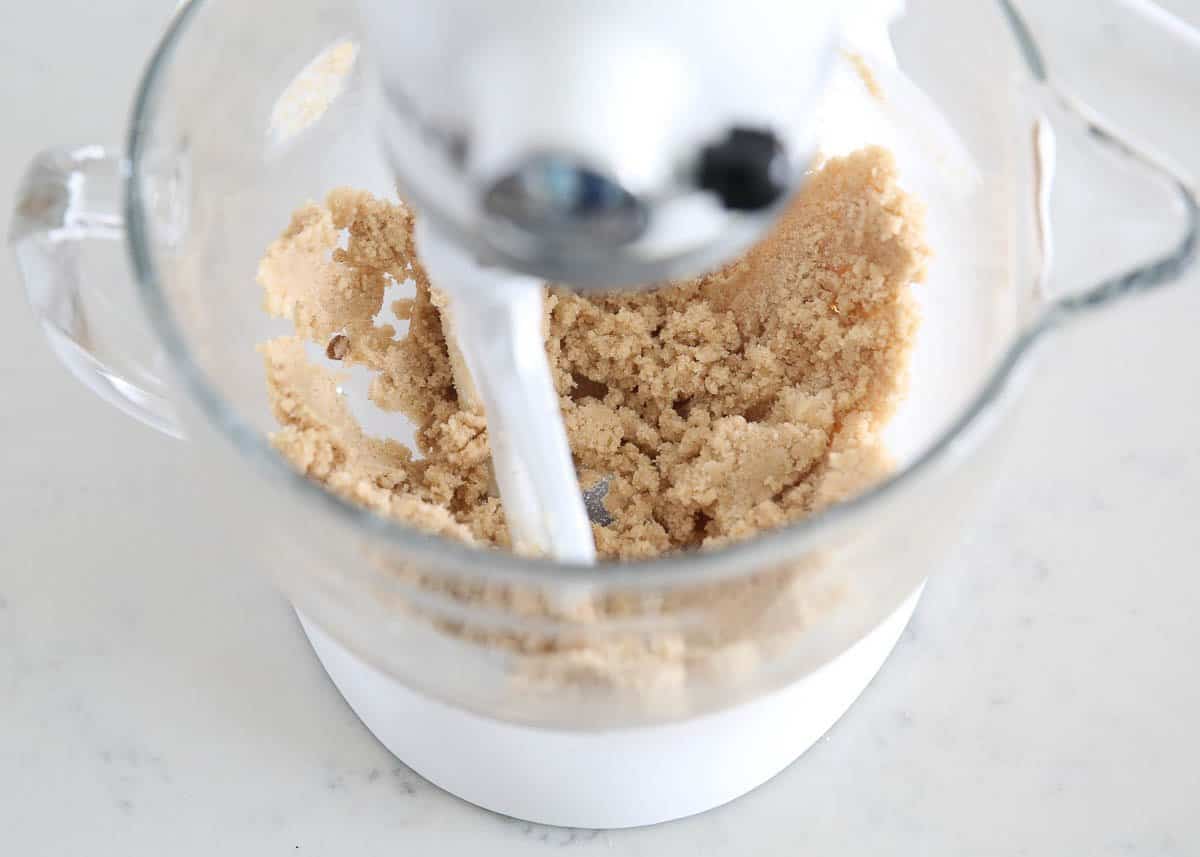 Mixing cookie dough in stand up mixer.