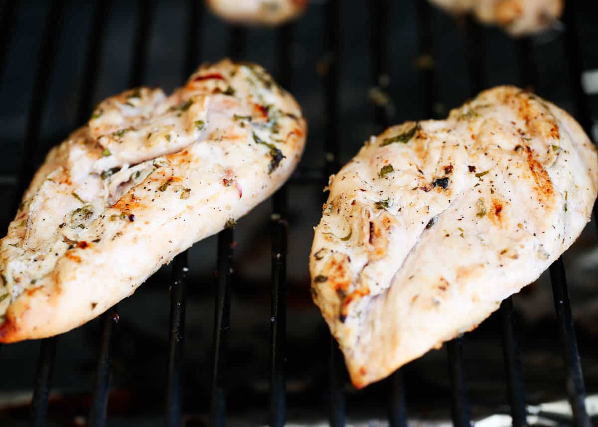 Marinated Greek chicken on grill.