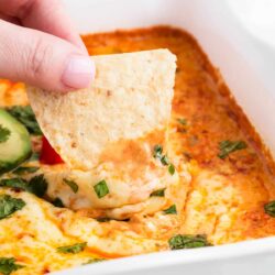 A chip dipped into chicken enchilada dip.