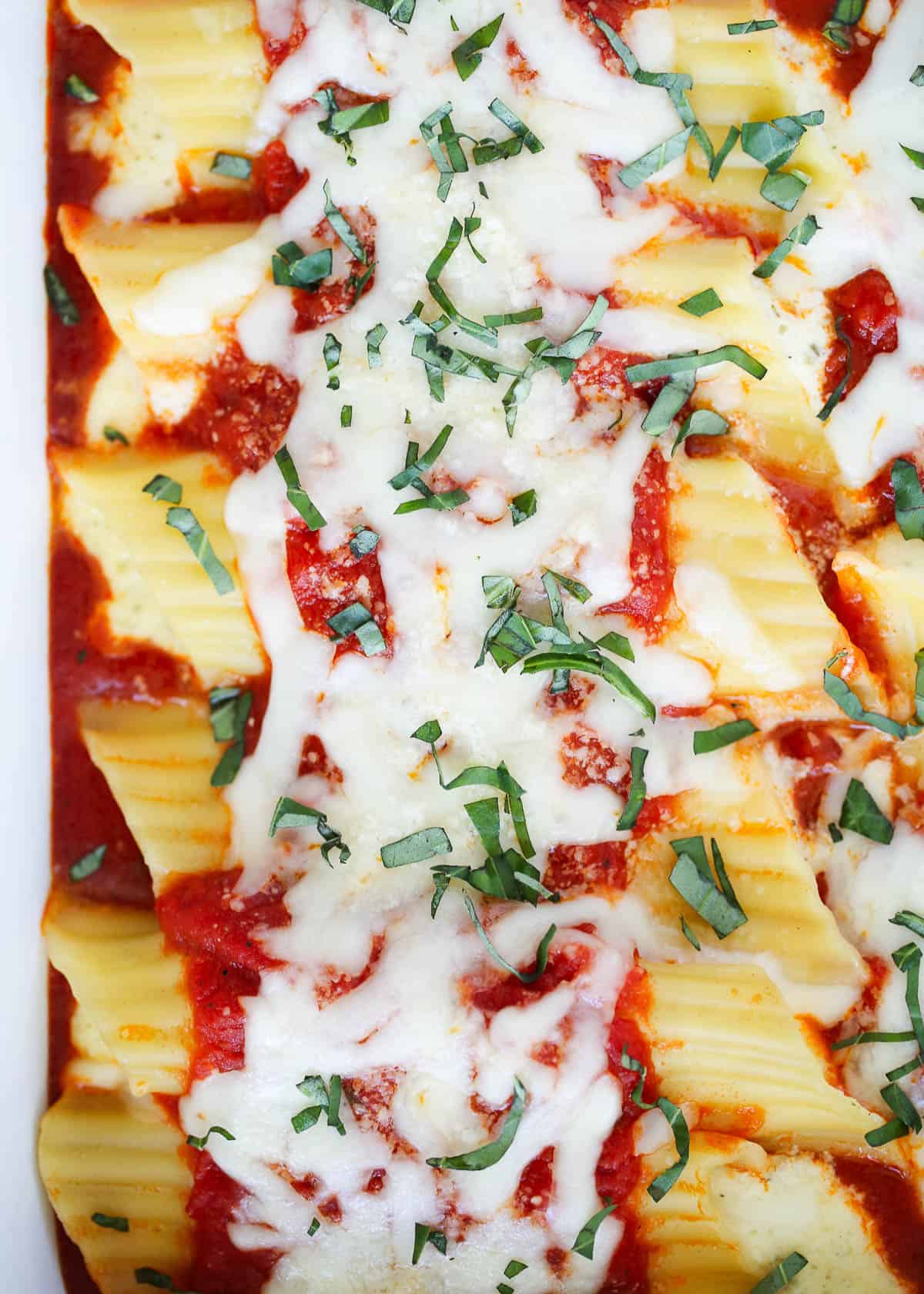 Three cheese manicotti with marinara and basil on top.