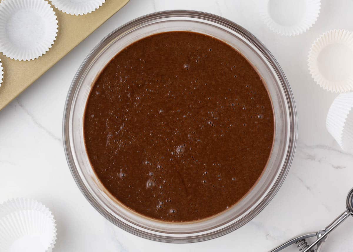 Chocolate cupcake batter in a bowl.