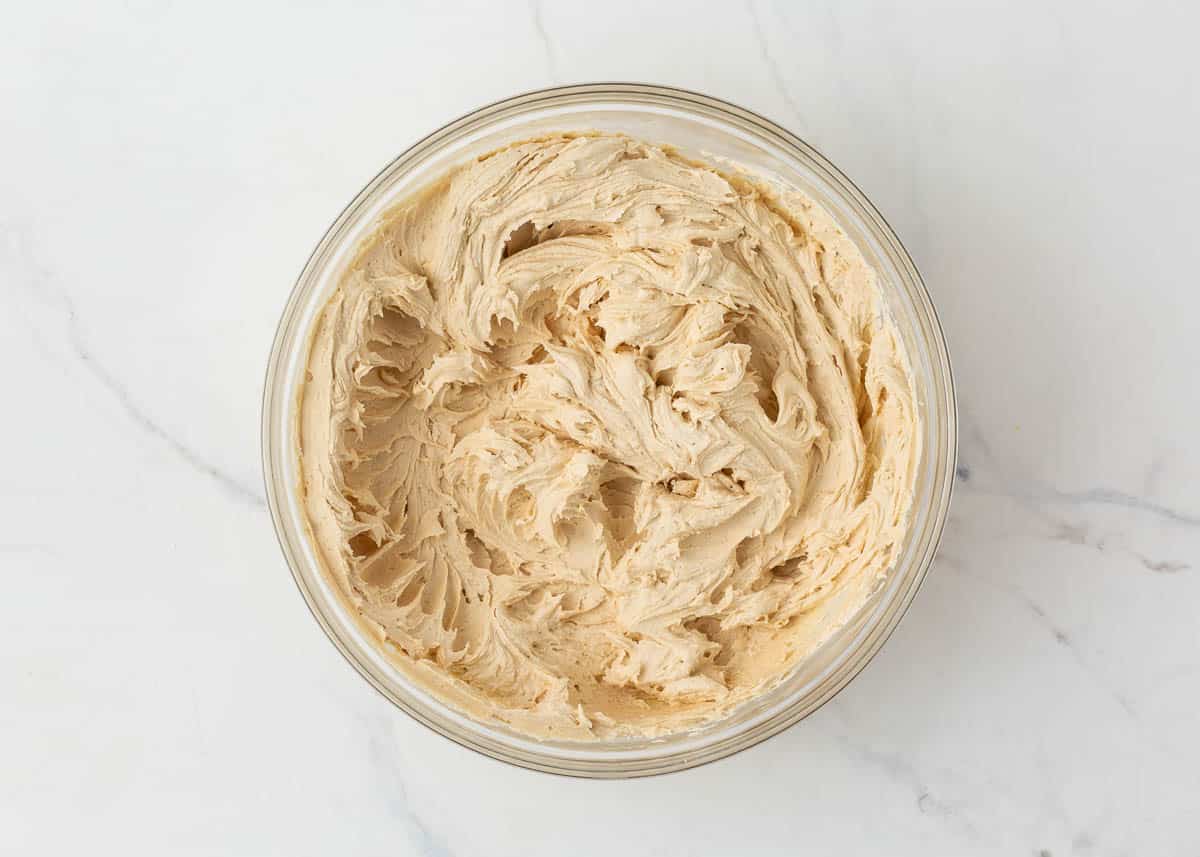 Peanut butter frosting in a bowl.