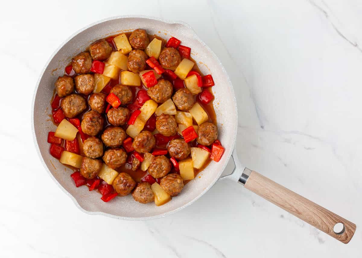 Sweet and sour meatballs with pineapple.