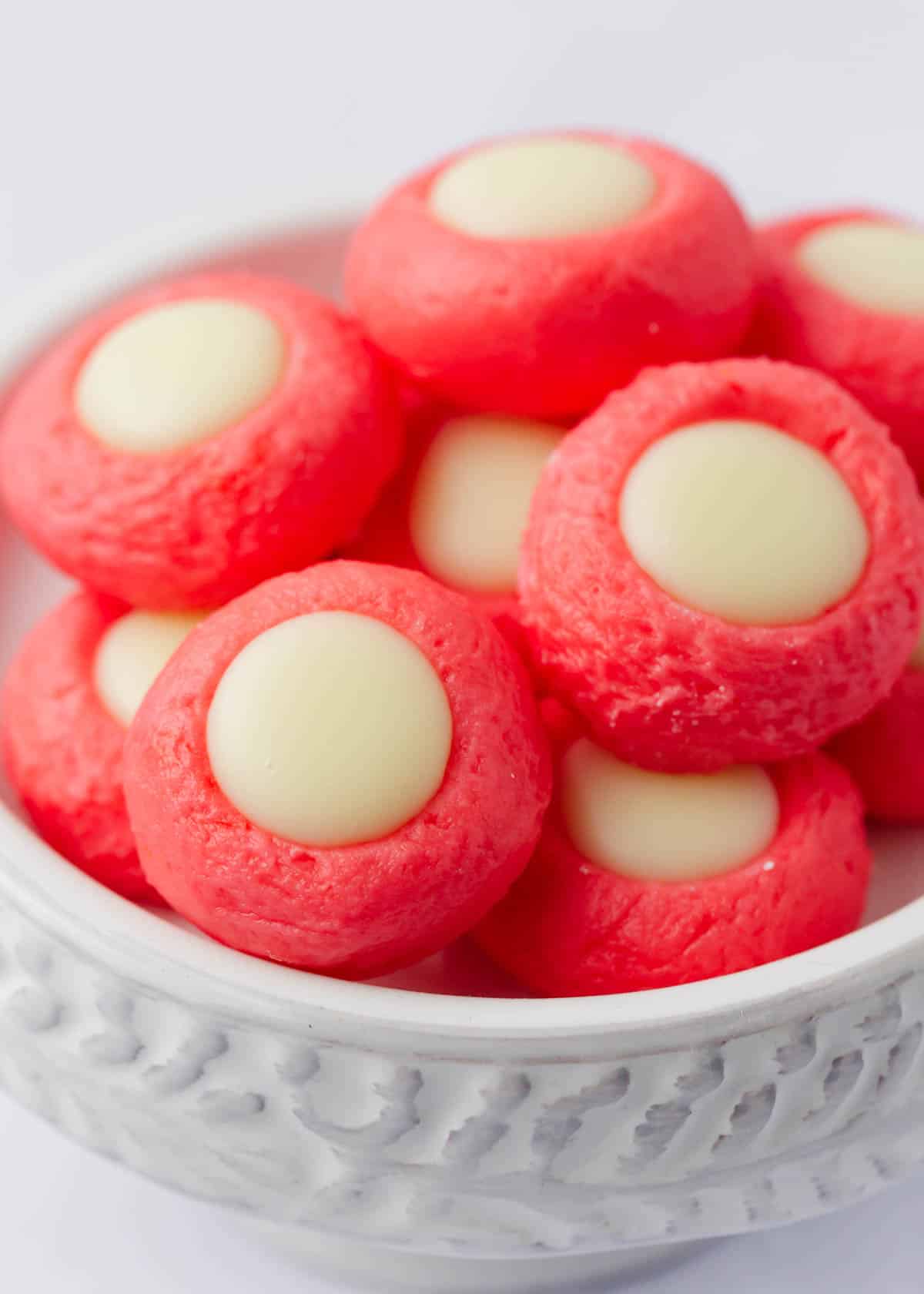 Red and white cream cheese mints.