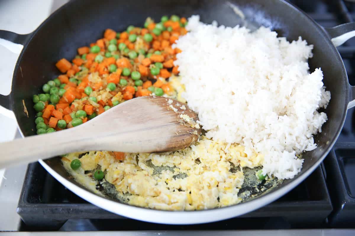 Add egg and rice to the skillet.