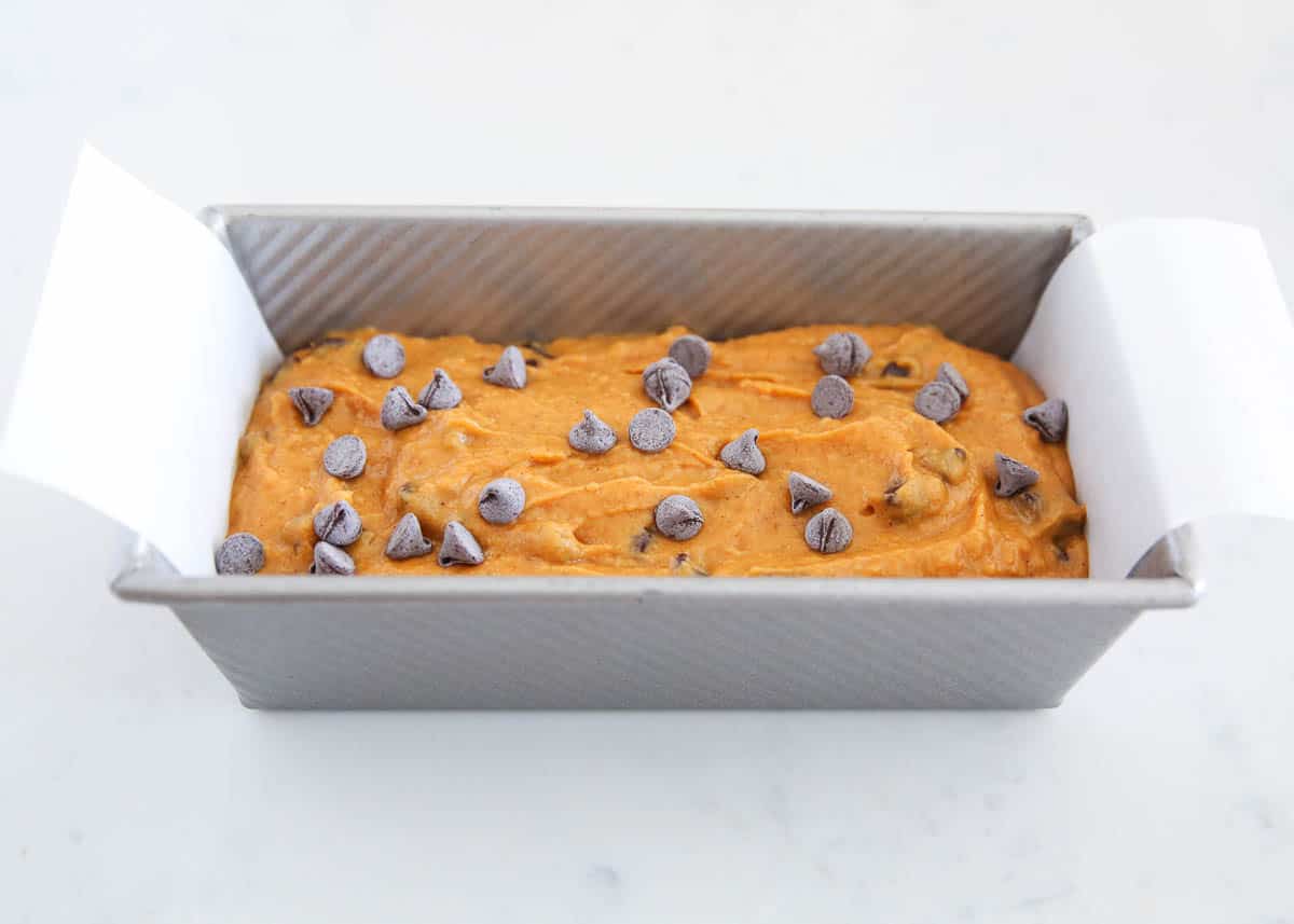 Pumpkin chocolate chip bread in loaf tin.