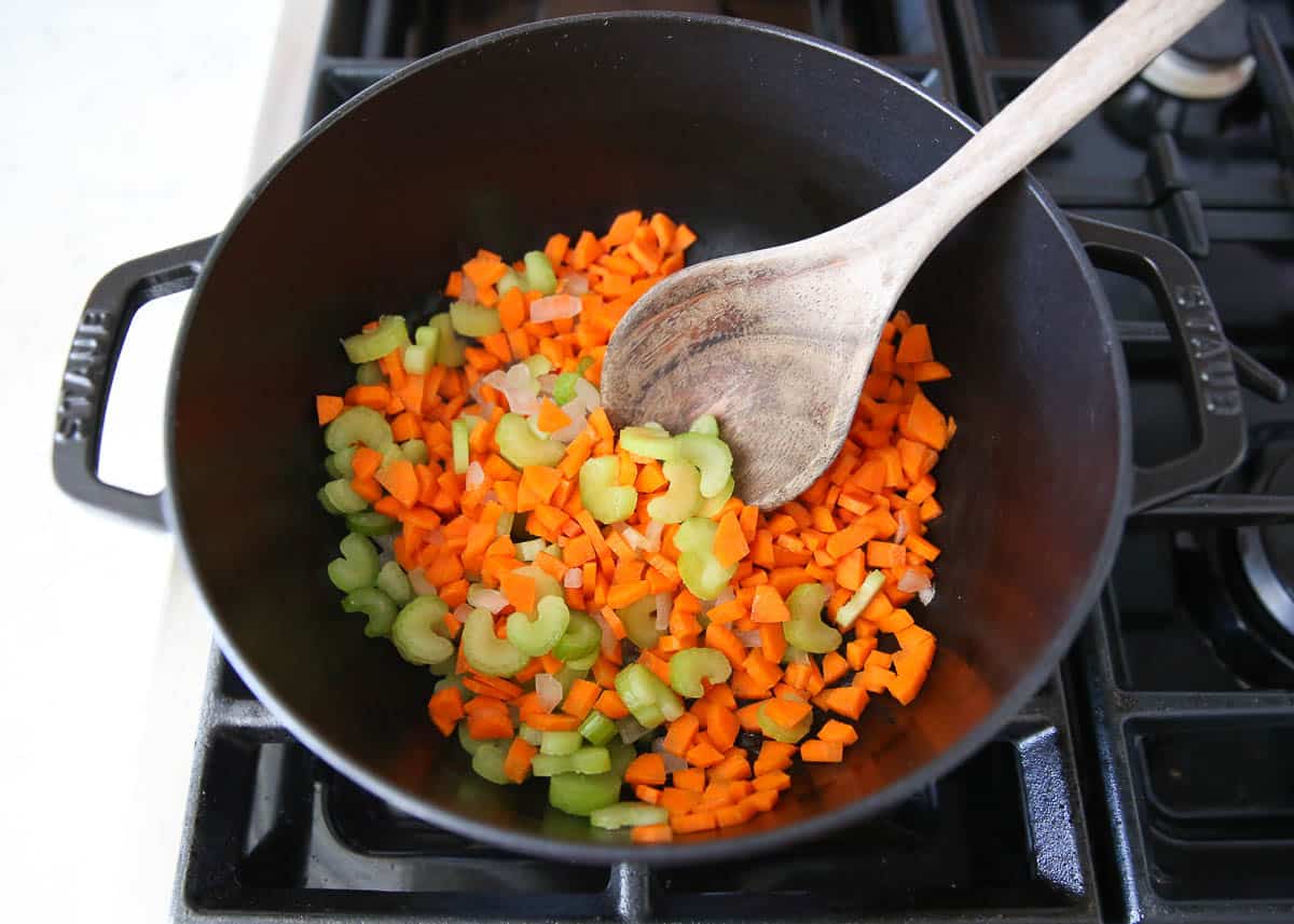 Sauteing carrots, celery and onion for Italian wedding soup.