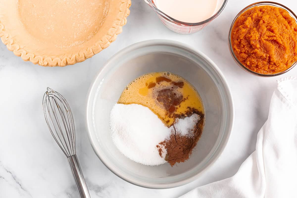 Pumpkin pie filling in a bowl.