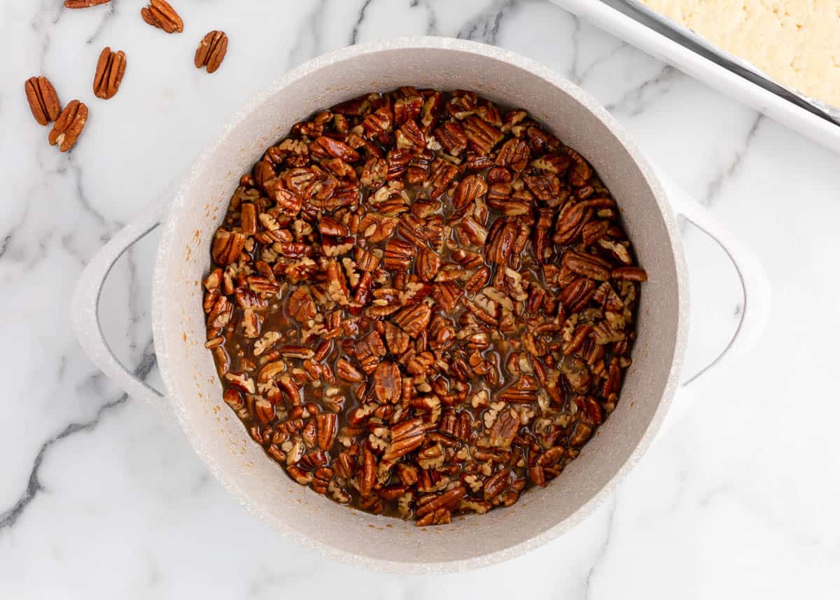 Pecan filling in a bowl.