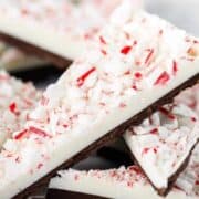 Peppermint bark broke into pieces on the counter.