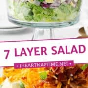 7 layer salad in a tall glass salad dish and close up of the salad.