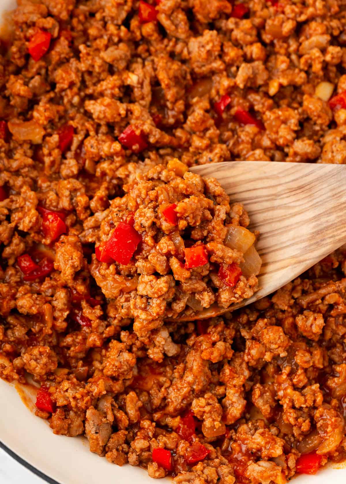 Ground turkey sloppy joe mixture in a skillet.