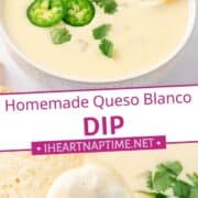 Homemade queso blanco dip in a bowl with a chip.