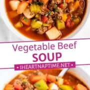 Vegetable beef soup in bowl with spoon.