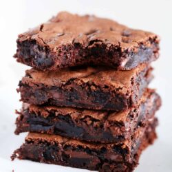 Stack of cake mix brownies.