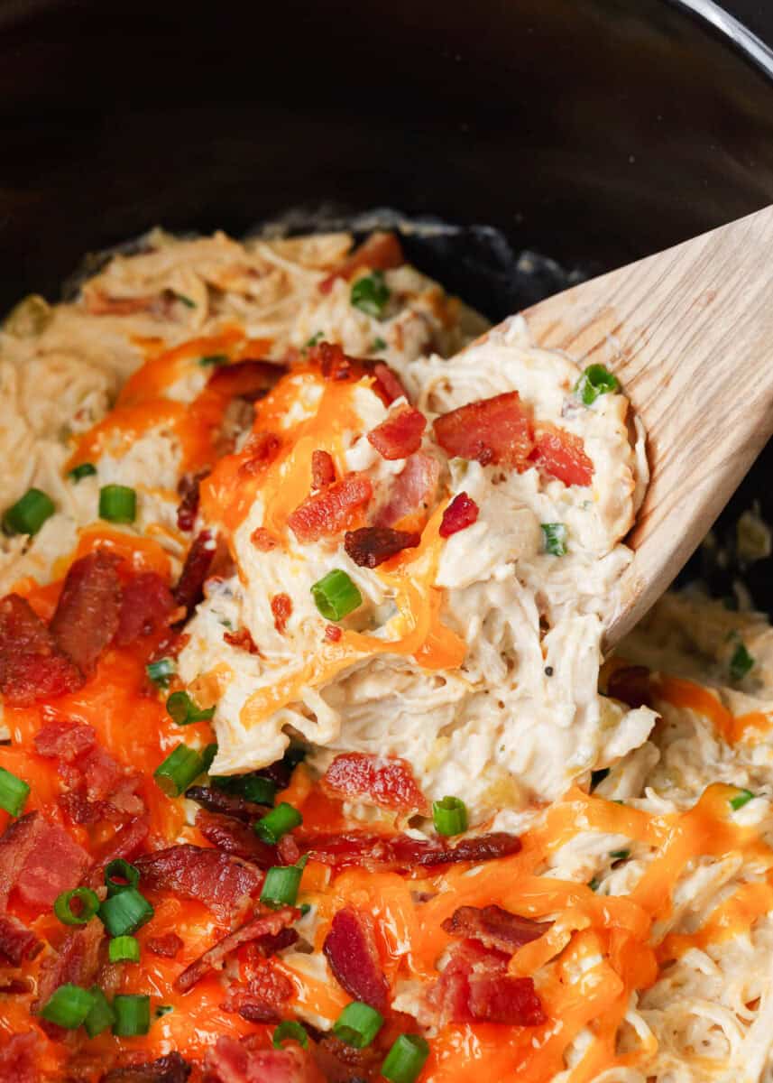 A spoonful of crockpot crack chicken being serving out of the slow cooker. 