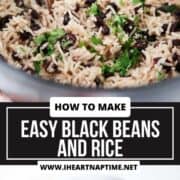 Black beans and rice in a pot and serving bowl.