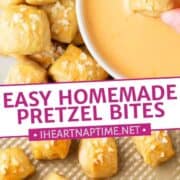 Pretzel bites on baking sheet and dipped in cheese.