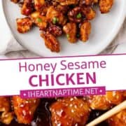 Honey sesame chicken on a plate and with chopsticks.