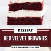 Three stacked red velvet brownies on the counter.