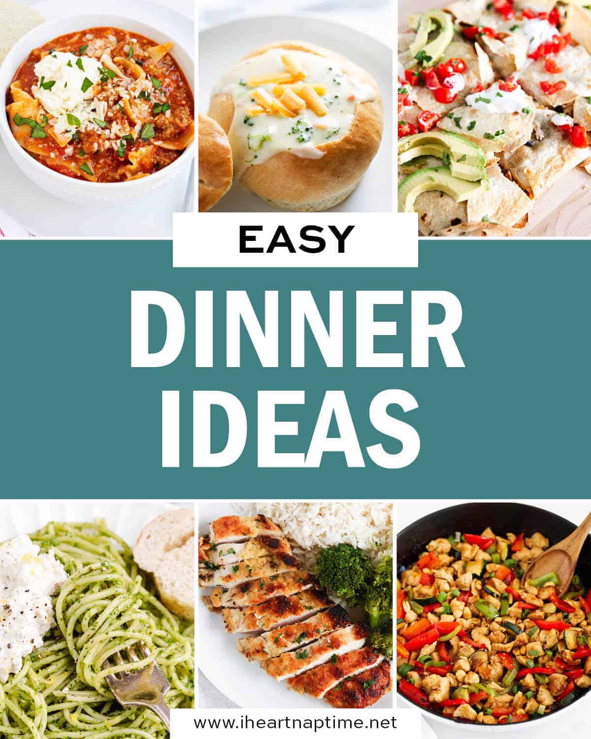 A collage of photos with easy dinner recipes and ideas.