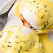 Eggs benedict on a plate.