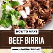 Beef birria garnish with cilantro and onion in a white bowl.