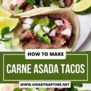 A plate of carne asada tacos with onion, cilantro and lime.