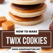 Twix cookies stacked and on parchment paper.