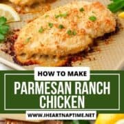 Parmesan ranch chicken on baking sheet and sliced on a plate.