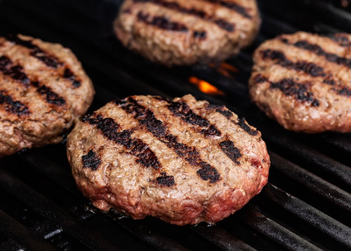 Hamburger patties on the grill.