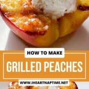 Grilled peach on a serving dish with whipped cream.