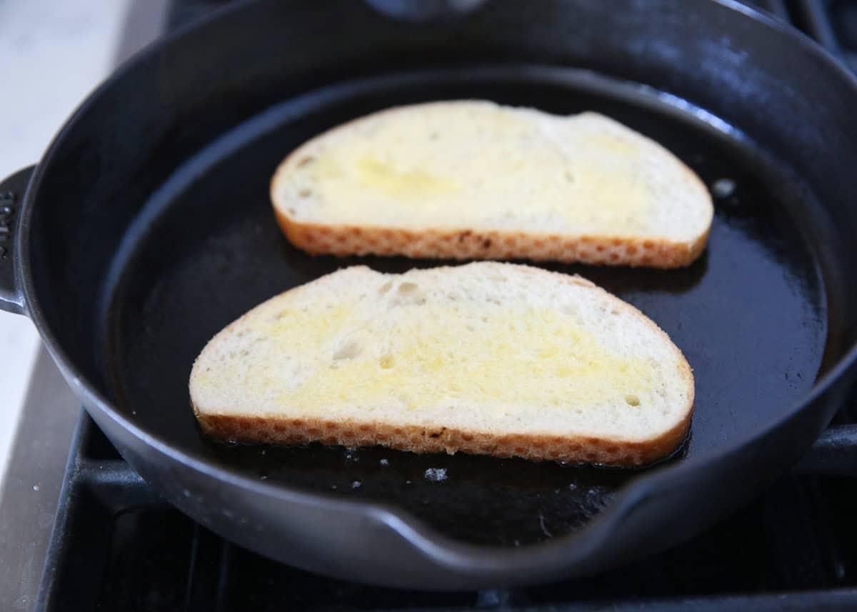 Buttered toast on a skillet.