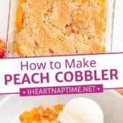 Peach cobbler in baking dish and in bowl with scoop of ice cream.