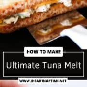 Tuna melt being held in a. hand and on spatula.