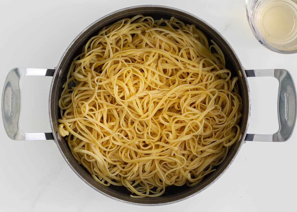 Noodles in a large pot.