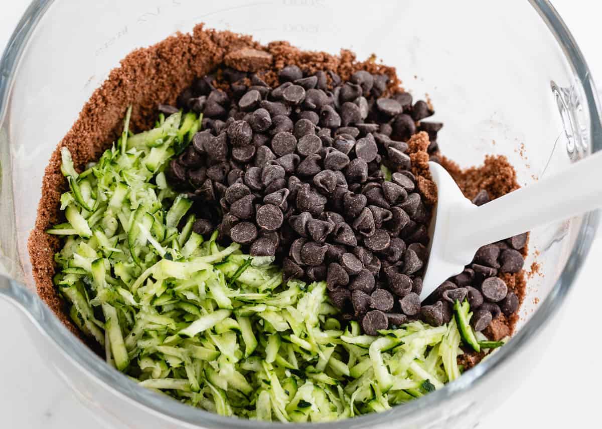 Shredded zucchini and chocolate chips folded into brownie batter.