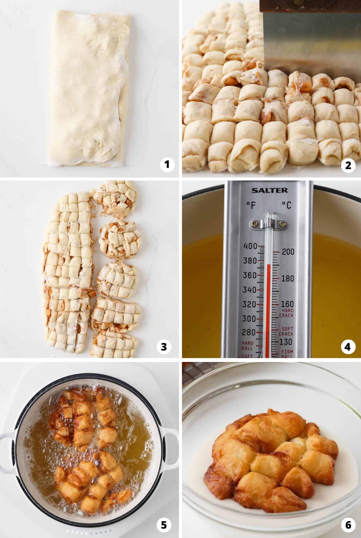 Showing how to make apple fritter donuts in a 6 step collage.