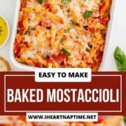 Baked mostaccioli in a baking dish.