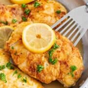 Chicken francese in a skillet with fresh lemon slices.