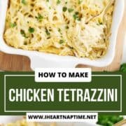 Chicken tetrazzini in a baking dish.